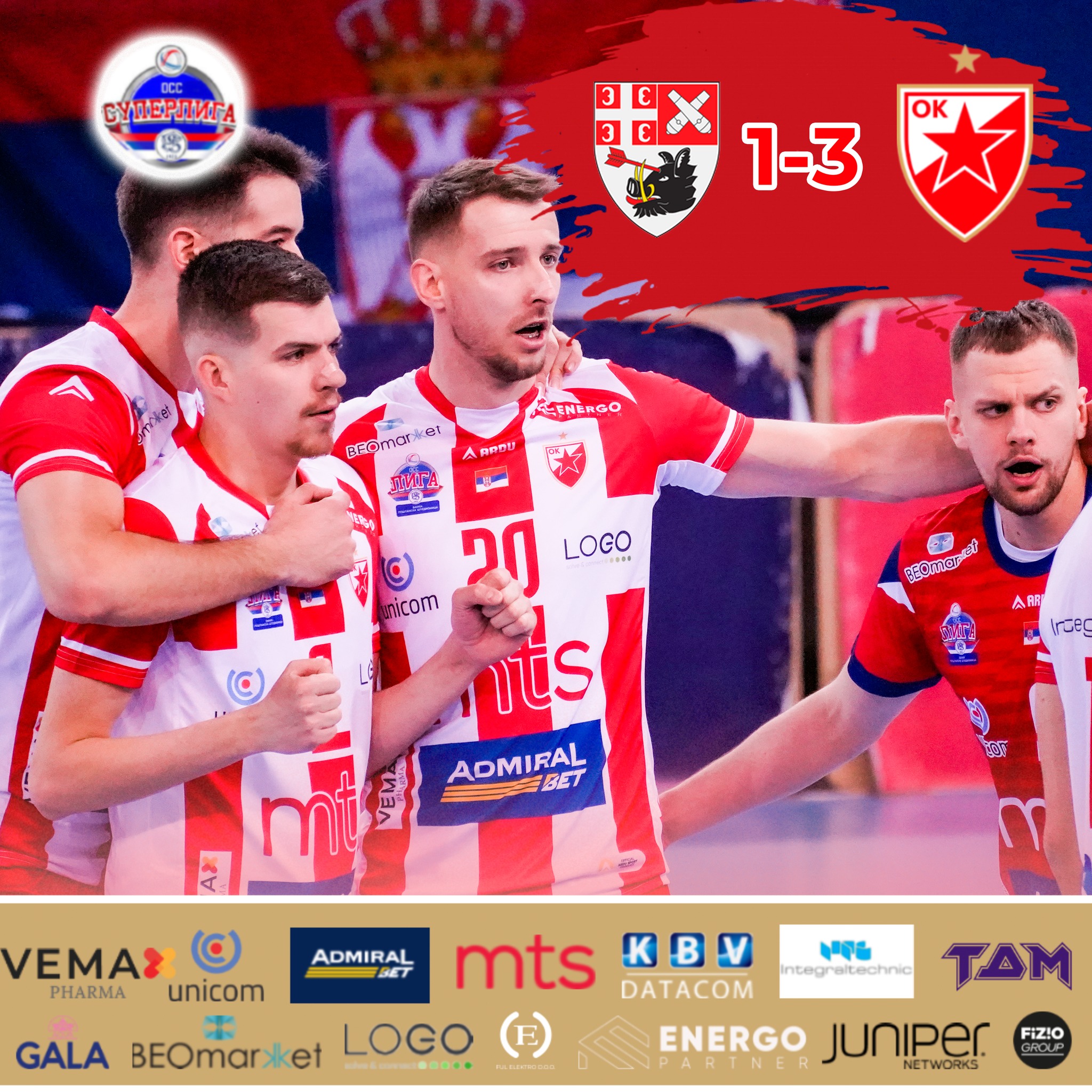 🔴⚪Шампион савладан у дербију кола ⚪🔴
Осма победа у низу за наше момке и опет, макар на кратко прво место на табели.
У деветнаестом колу Банка Поштанска штедионица Суперлиге Црвена звезда је у дербију кола савладала актуелног шампиона Раднички у Крагујевцу резултатом 1-3, по сетовима 26:24, 23:25, 19:25 и 18:25.
Најефикаснији у екипи Црвене звезде су били Милан Крстић и Данило Илић са по 17 поена, пратио их је Омар Ахмед Дејо са 12 поена, Андреј Рудић је додао 9 поена, Александар Бошњак 7, док је капитен Никола Петровић постигао 6 поена.
Још једна важна победа три кола пред почетак плеј-офа, следеће недеље нас на Бањици очекује Вечити дерби и онда ћемо у препоследњем колу у директном дуелу са Спартаком одлучивати о првопласираној екипи на крају регуларног дела сезоне.
#ossrb #odbojka #redstar #volleyball #crvenazvezda