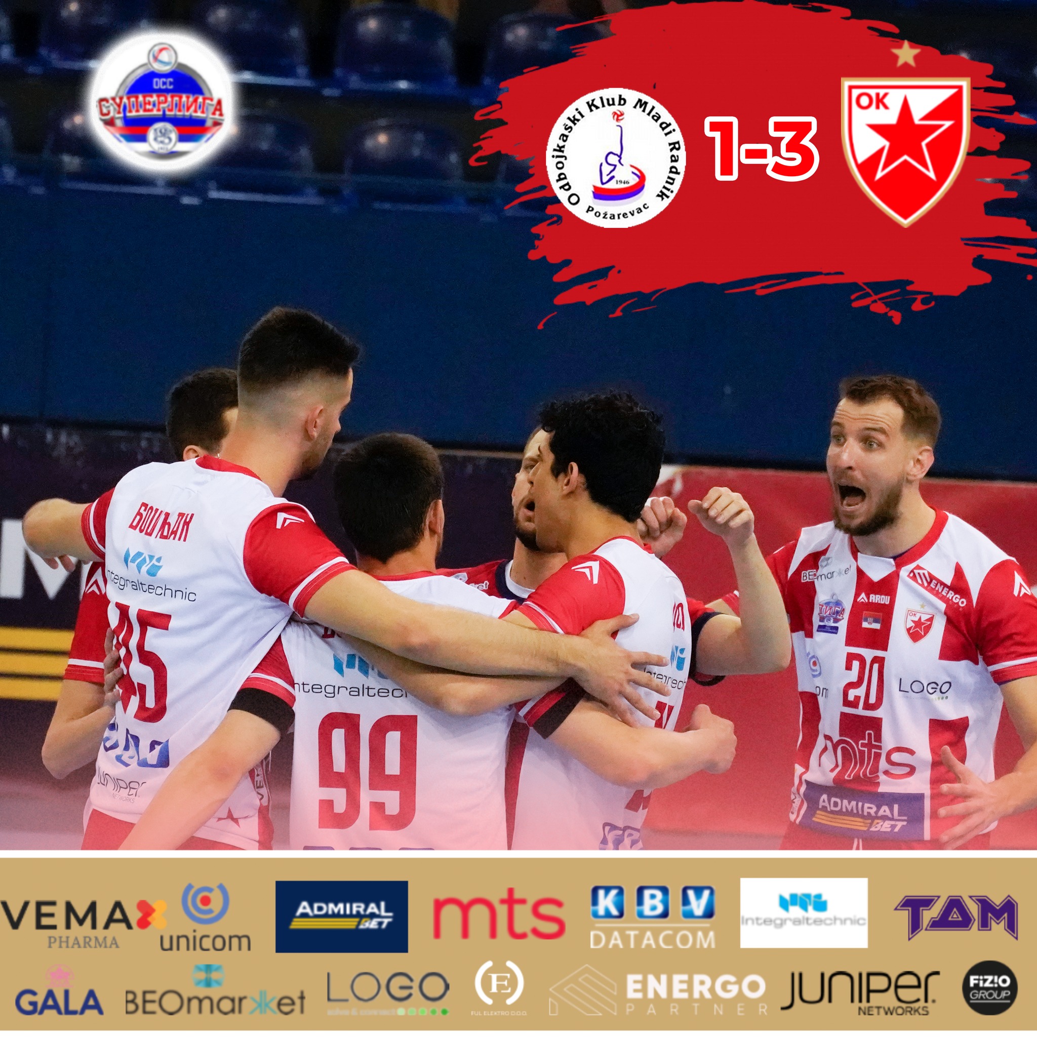 🔴⚪ Наши момци су у полуфиналу! ⚪🔴
Наши момци су се пласирали у полуфинале плеј-офа Банка Поштанска штедионица Суперлиге!
Црвена звезда је и у другој утакмици четвртфиналне серије савладала Млади Радник резултатом 1-3, по сетовима 21:25, 25:22, 20:25 и 18:25.
Најефикаснији у екипи Црвене звезде је био Милан Крстић са 21 постигнутим поеном, 11 је додао Александар Бошњак, по 9 Алија Бекрић и Омар Ахмед Дејо, 6 капитен Никола Петровић и 5 Андреј Рудић.
Сјајна серија, оправдана улога фаворита и заказан дуел у полуфиналу са бољим из двомеча Спартака и Војводине, где тренутно екипа из Суботице води 1-0 у серији.
#ossrb #odbojka #redstar #volleyball #crvenazvezda